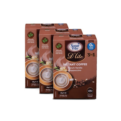 Sugar Free 3-in-1 Instant Coffee French Vanilla Cappuccino, Low Calorie Flavored Coffee Mix, Individually Wrapped Sachets, 18g x 10 Packs (Pack of 3, 540g)