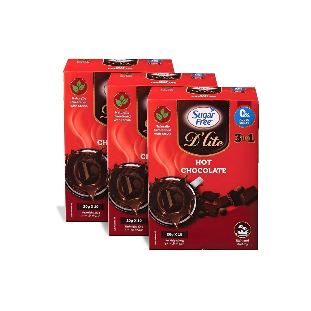 Sugar Free D’lite 3-in-1 Sugar Free Hot Cocoa Mix, Low Calorie Instant Chocolate Drink, Individually Wrapped Sachets, 20g x 10 Packs (Pack of 3, 600g)