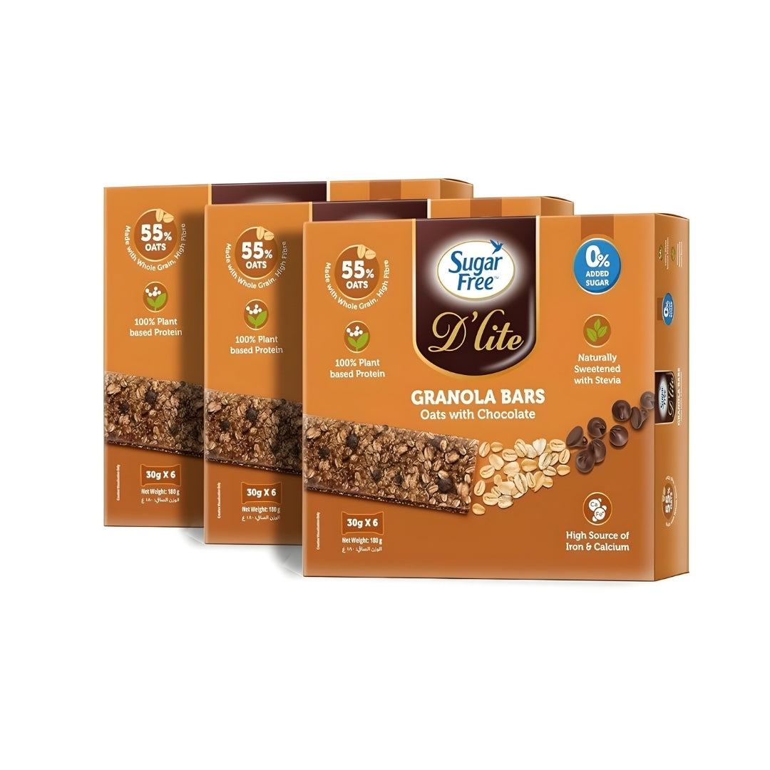 Sugar Free D’lite Granola Bars with Oats & Chocolate | 30g x 6 Bars (180g) | Pack of 3 | Healthy Snack for Anytime Hunger