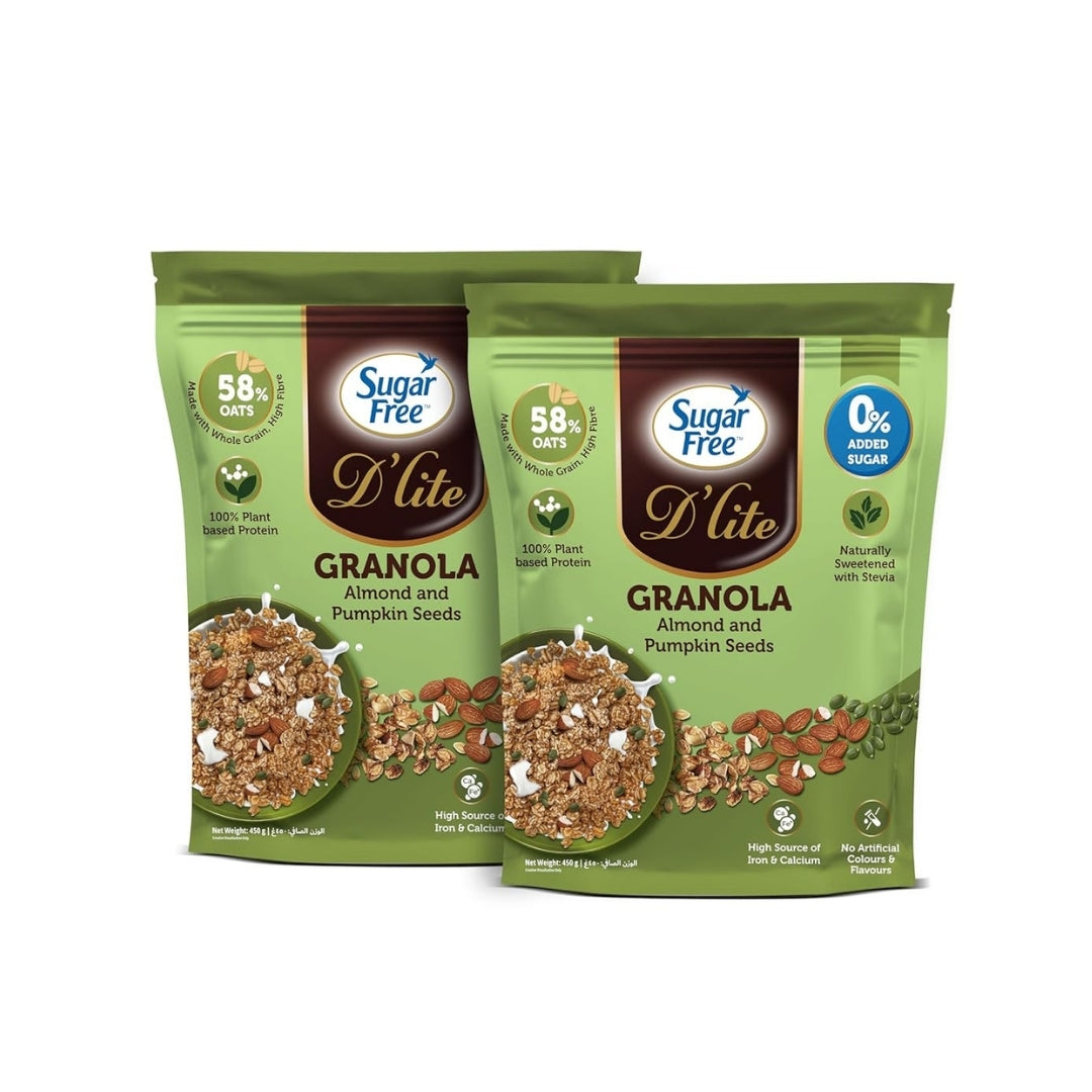 Sugar Free Almond Granola with Pumpkin Seeds, Crunchy Breakfast Cereal with Nuts & Seeds, No Added Sugar Granola Mix, High Fiber Snack, 450g (Pack of 2, 900g)