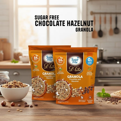 Sugar Free Chocolate Hazelnut Granola, Crunchy Breakfast Cereal with Nuts, No Added Sugar Granola Mix, High Fiber Snack, 450g (Pack of 2, 900g)