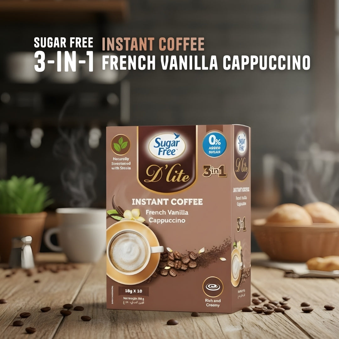 Sugar Free 3-in-1 Instant Coffee French Vanilla Cappuccino, Low Calorie Flavored Coffee Mix, Individually Wrapped Sachets, 18g x 10 Packs (Pack of 3, 540g)
