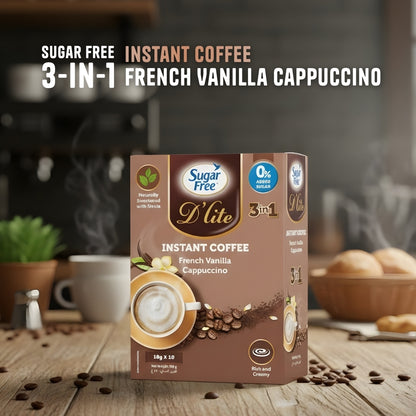 Sugar Free 3-in-1 Instant Coffee French Vanilla Cappuccino, Low Calorie Flavored Coffee Mix, Individually Wrapped Sachets, 18g x 10 Packs (Pack of 3, 540g)