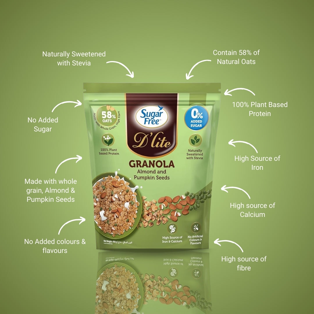 Sugar Free Almond Granola with Pumpkin Seeds, Crunchy Breakfast Cereal with Nuts & Seeds, No Added Sugar Granola Mix, High Fiber Snack, 450g (Pack of 2, 900g)