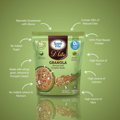 Sugar Free Almond Granola with Pumpkin Seeds, Crunchy Breakfast Cereal with Nuts & Seeds, No Added Sugar Granola Mix, High Fiber Snack, 450g (Pack of 2, 900g)