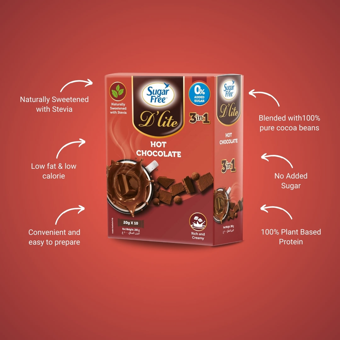 Sugar Free D’lite 3-in-1 Sugar Free Hot Cocoa Mix, Low Calorie Instant Chocolate Drink, Individually Wrapped Sachets, 20g x 10 Packs (Pack of 3, 600g)