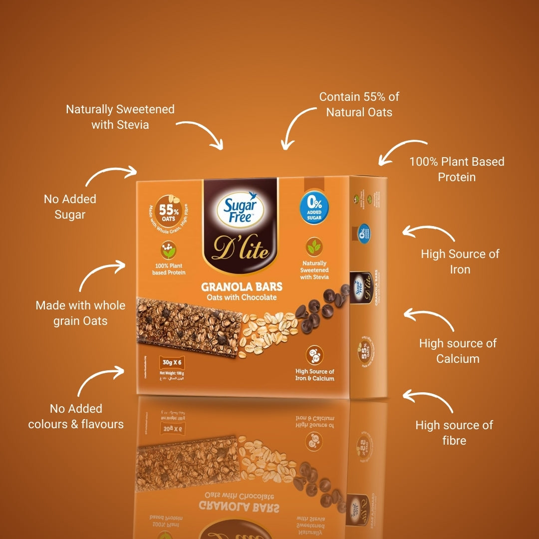 Sugar Free D’lite Granola Bars with Oats & Chocolate | 30g x 6 Bars (180g) | Pack of 3 | Healthy Snack for Anytime Hunger
