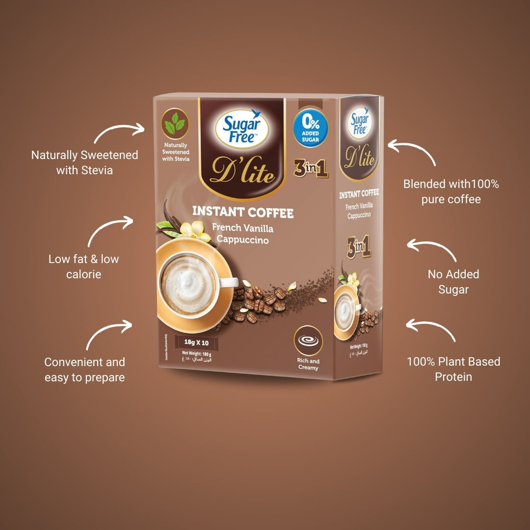 Sugar Free 3-in-1 Instant Coffee French Vanilla Cappuccino, Low Calorie Flavored Coffee Mix, Individually Wrapped Sachets, 18g x 10 Packs (Pack of 3, 540g)