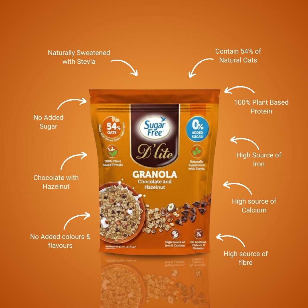 Sugar Free Chocolate Hazelnut Granola, Crunchy Breakfast Cereal with Nuts, No Added Sugar Granola Mix, High Fiber Snack, 450g (Pack of 2, 900g)