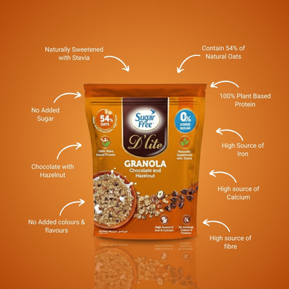 Sugar Free Chocolate Hazelnut Granola, Crunchy Breakfast Cereal with Nuts, No Added Sugar Granola Mix, High Fiber Snack, 450g (Pack of 2, 900g)