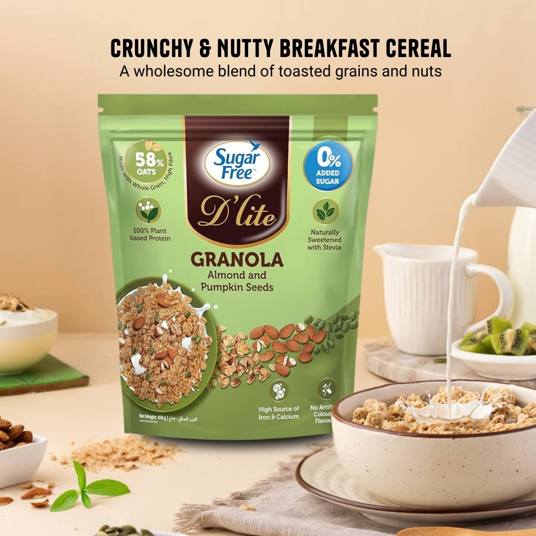 Sugar Free Almond Granola with Pumpkin Seeds, Crunchy Breakfast Cereal with Nuts & Seeds, No Added Sugar Granola Mix, High Fiber Snack, 450g (Pack of 2, 900g)