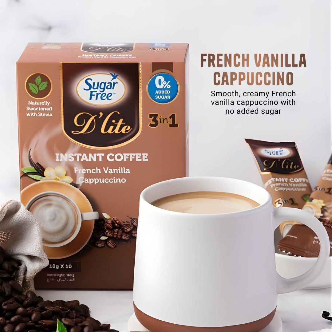 Sugar Free 3-in-1 Instant Coffee French Vanilla Cappuccino, Low Calorie Flavored Coffee Mix, Individually Wrapped Sachets, 18g x 10 Packs (Pack of 3, 540g)
