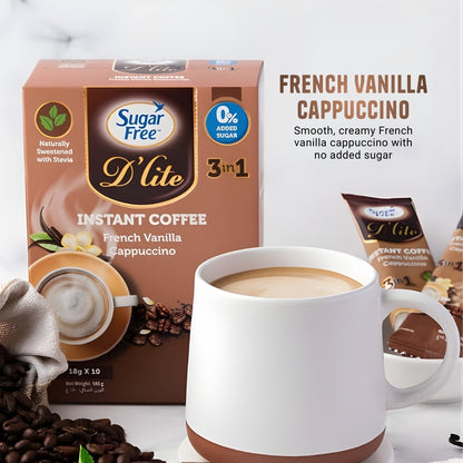 Sugar Free 3-in-1 Instant Coffee French Vanilla Cappuccino, Low Calorie Flavored Coffee Mix, Individually Wrapped Sachets, 18g x 10 Packs (Pack of 3, 540g)