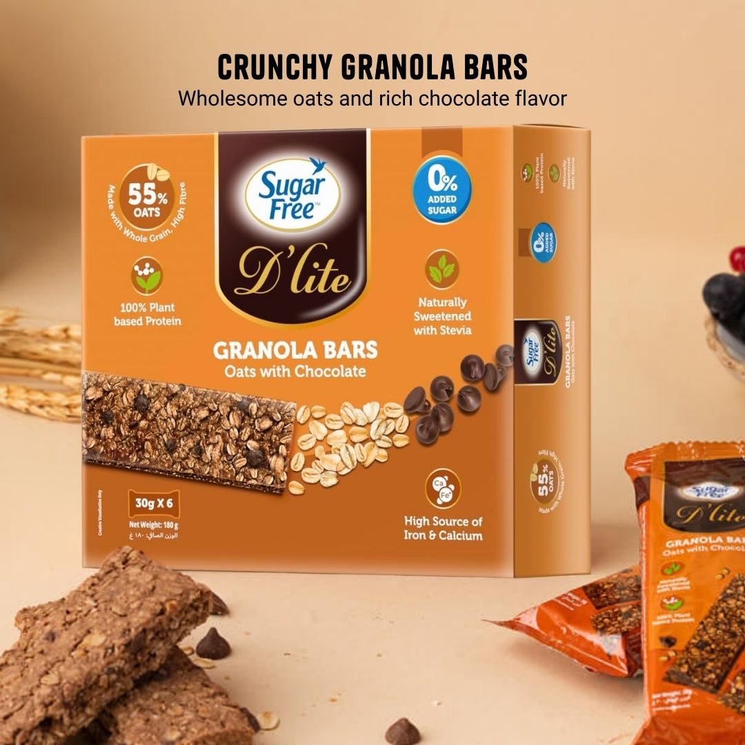 Sugar Free D’lite Granola Bars with Oats & Chocolate | 30g x 6 Bars (180g) | Pack of 3 | Healthy Snack for Anytime Hunger