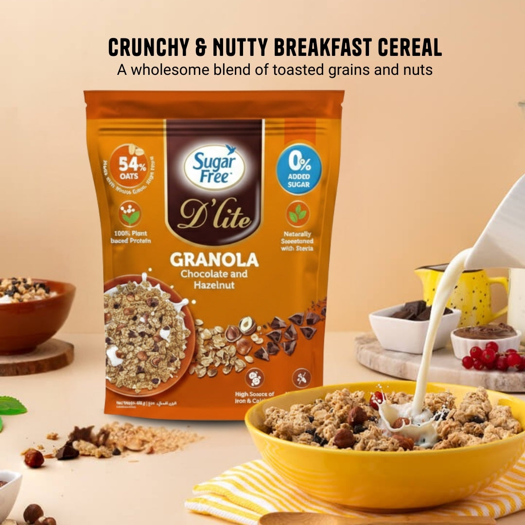 Sugar Free Chocolate Hazelnut Granola, Crunchy Breakfast Cereal with Nuts, No Added Sugar Granola Mix, High Fiber Snack, 450g (Pack of 2, 900g)
