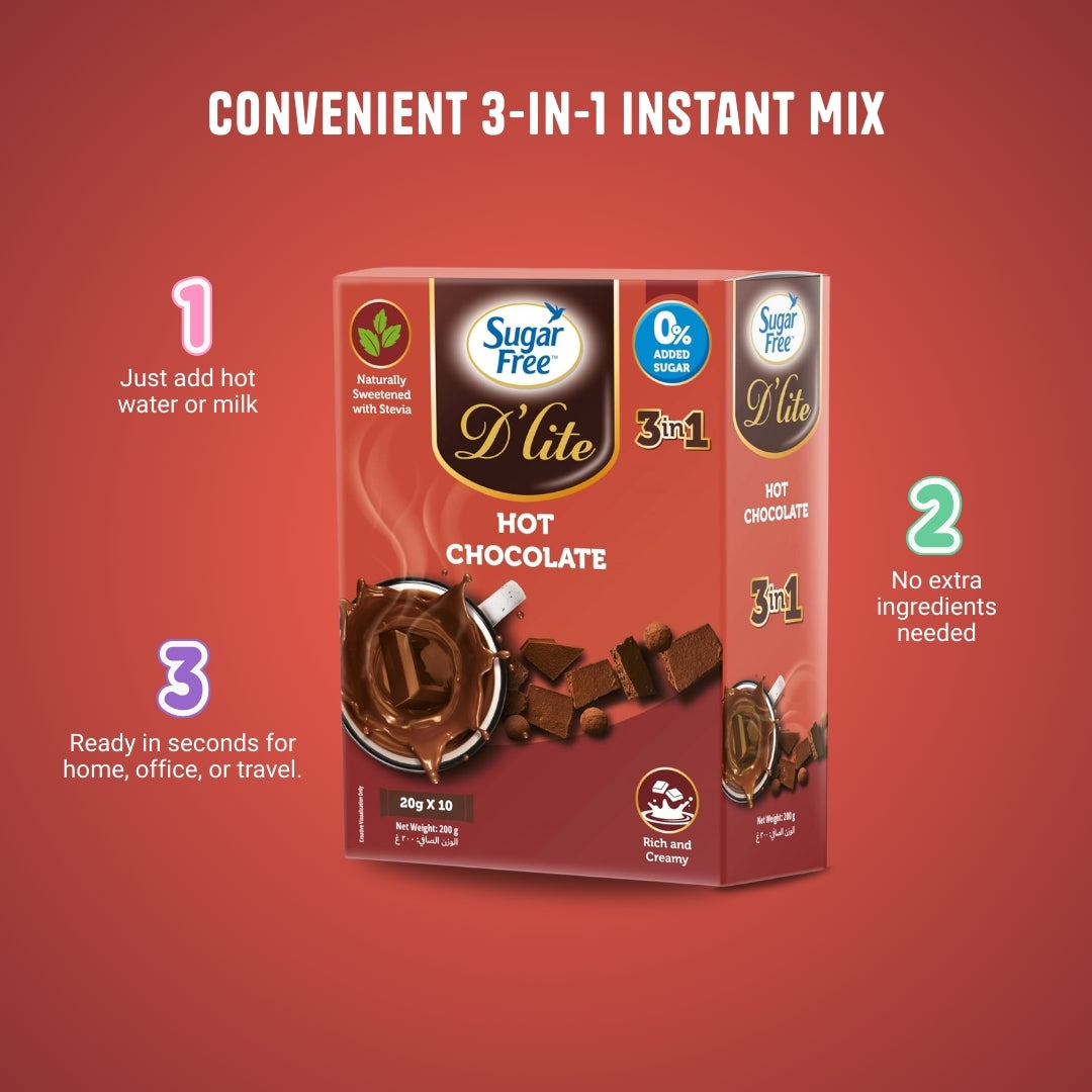 Sugar Free D’lite 3-in-1 Sugar Free Hot Cocoa Mix, Low Calorie Instant Chocolate Drink, Individually Wrapped Sachets, 20g x 10 Packs (Pack of 3, 600g)