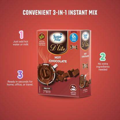 Sugar Free D’lite 3-in-1 Sugar Free Hot Cocoa Mix, Low Calorie Instant Chocolate Drink, Individually Wrapped Sachets, 20g x 10 Packs (Pack of 3, 600g)