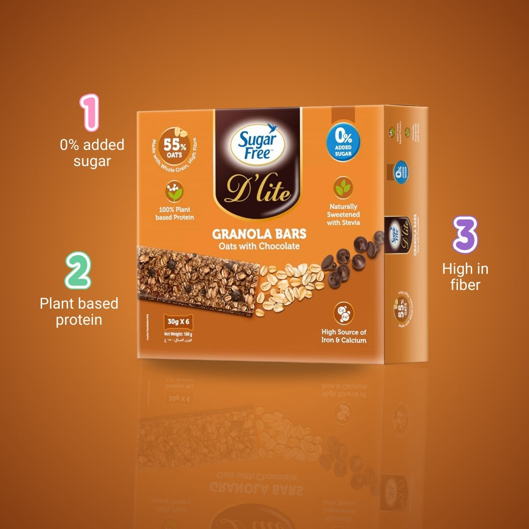 Sugar Free D’lite Granola Bars with Oats & Chocolate | 30g x 6 Bars (180g) | Pack of 3 | Healthy Snack for Anytime Hunger