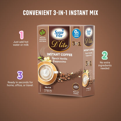 Sugar Free 3-in-1 Instant Coffee French Vanilla Cappuccino, Low Calorie Flavored Coffee Mix, Individually Wrapped Sachets, 18g x 10 Packs (Pack of 3, 540g)