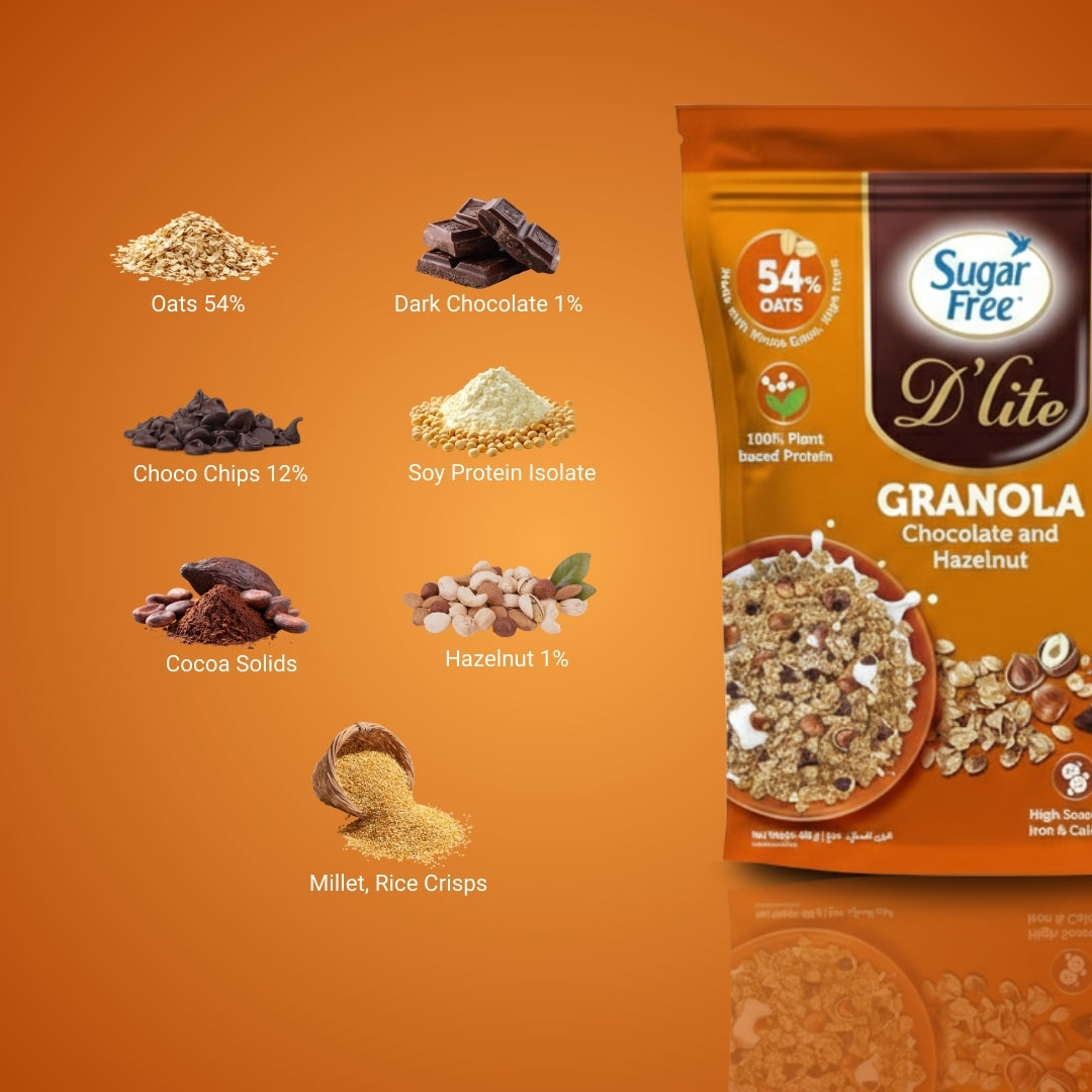 Sugar Free Chocolate Hazelnut Granola, Crunchy Breakfast Cereal with Nuts, No Added Sugar Granola Mix, High Fiber Snack, 450g (Pack of 2, 900g)