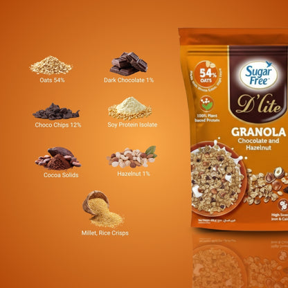 Sugar Free Chocolate Hazelnut Granola, Crunchy Breakfast Cereal with Nuts, No Added Sugar Granola Mix, High Fiber Snack, 450g (Pack of 2, 900g)