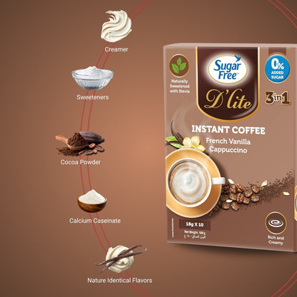 Sugar Free 3-in-1 Instant Coffee French Vanilla Cappuccino, Low Calorie Flavored Coffee Mix, Individually Wrapped Sachets, 18g x 10 Packs (Pack of 3, 540g)