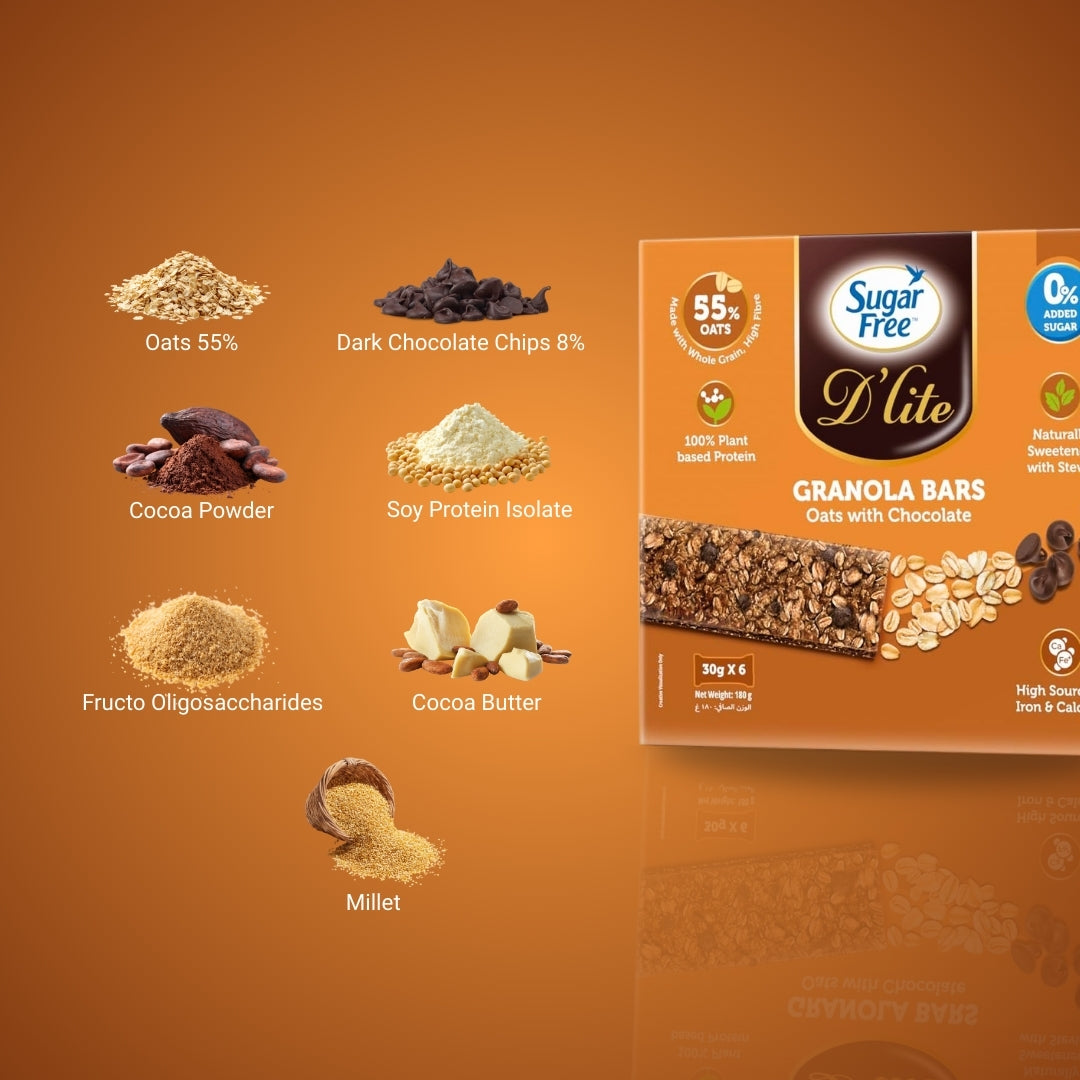 Sugar Free D’lite Granola Bars with Oats & Chocolate | 30g x 6 Bars (180g) | Pack of 3 | Healthy Snack for Anytime Hunger