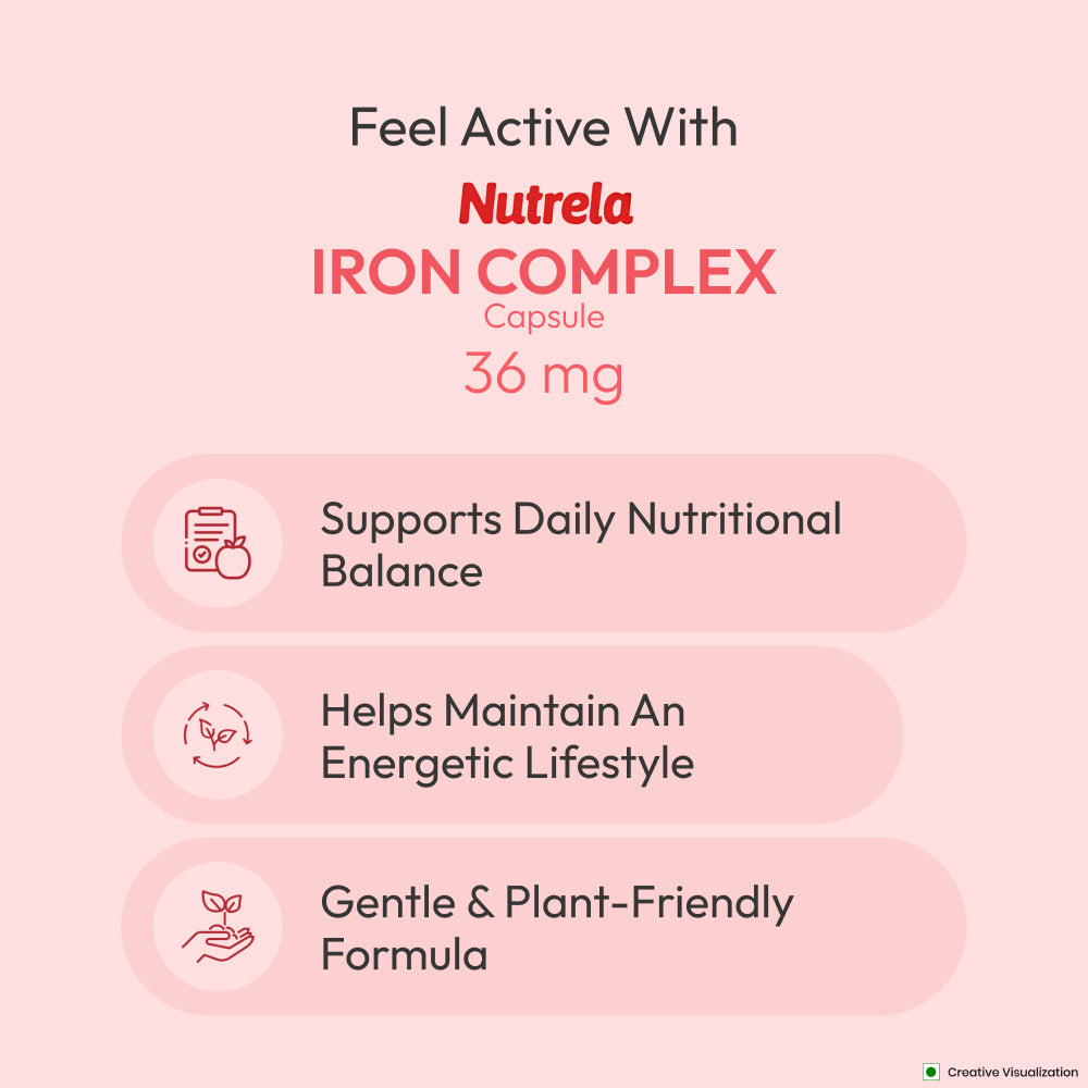 Patanjali Nutrela Iron Complex 36 mg – Vegetarian Capsules for Energy Support & Healthy Cell Formation | Iron Supplement for Adults | 120 Capsules