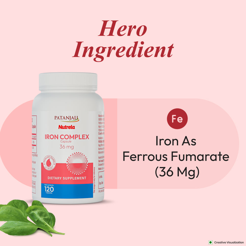 Patanjali Nutrela Iron Complex 36 mg – Vegetarian Capsules for Energy Support & Healthy Cell Formation | Iron Supplement for Adults | 120 Capsules