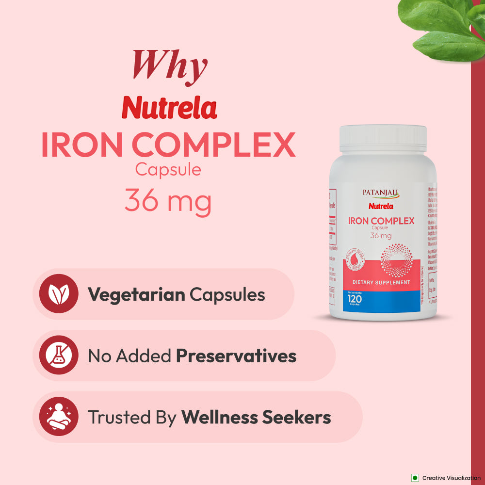 Patanjali Nutrela Iron Complex 36 mg – Vegetarian Capsules for Energy Support & Healthy Cell Formation | Iron Supplement for Adults | 120 Capsules