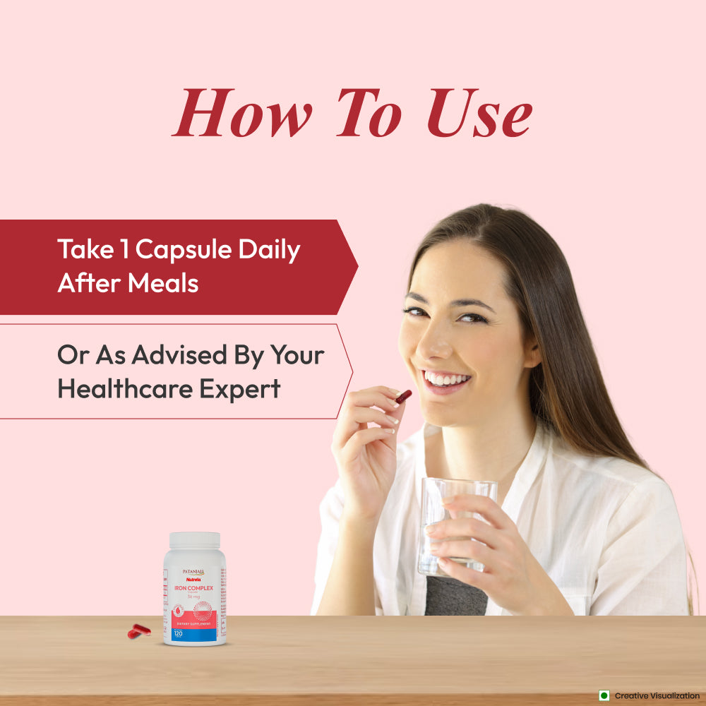 Patanjali Nutrela Iron Complex 36 mg – Vegetarian Capsules for Energy Support & Healthy Cell Formation | Iron Supplement for Adults | 120 Capsules